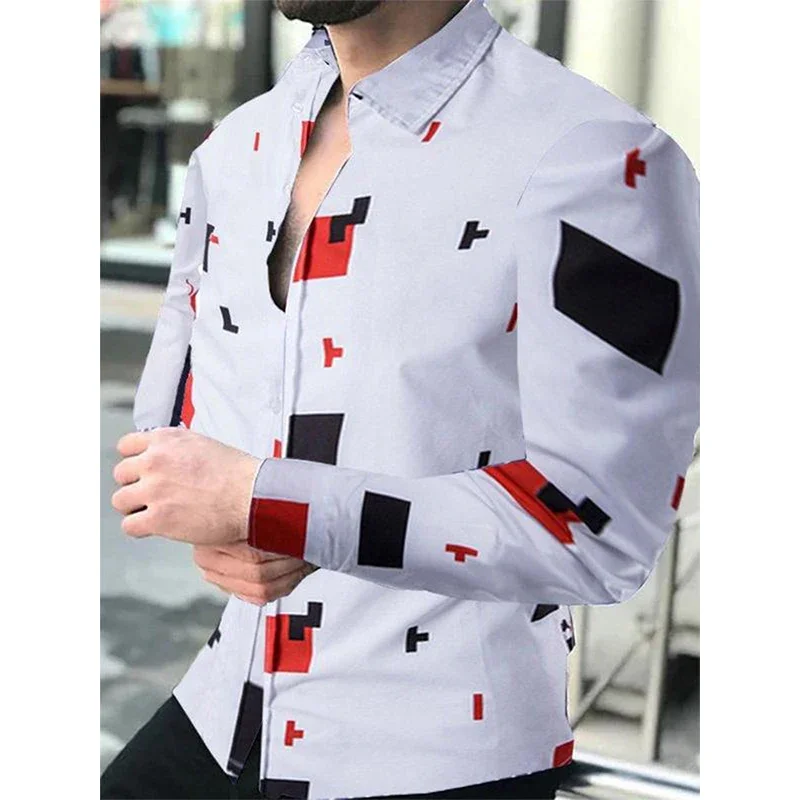 Luxury Social Men Shirts Turn-down Collar Buttoned Shirt Casual Lattice Print Long Sleeve Tops Men's Clothes Club Prom Cardigan