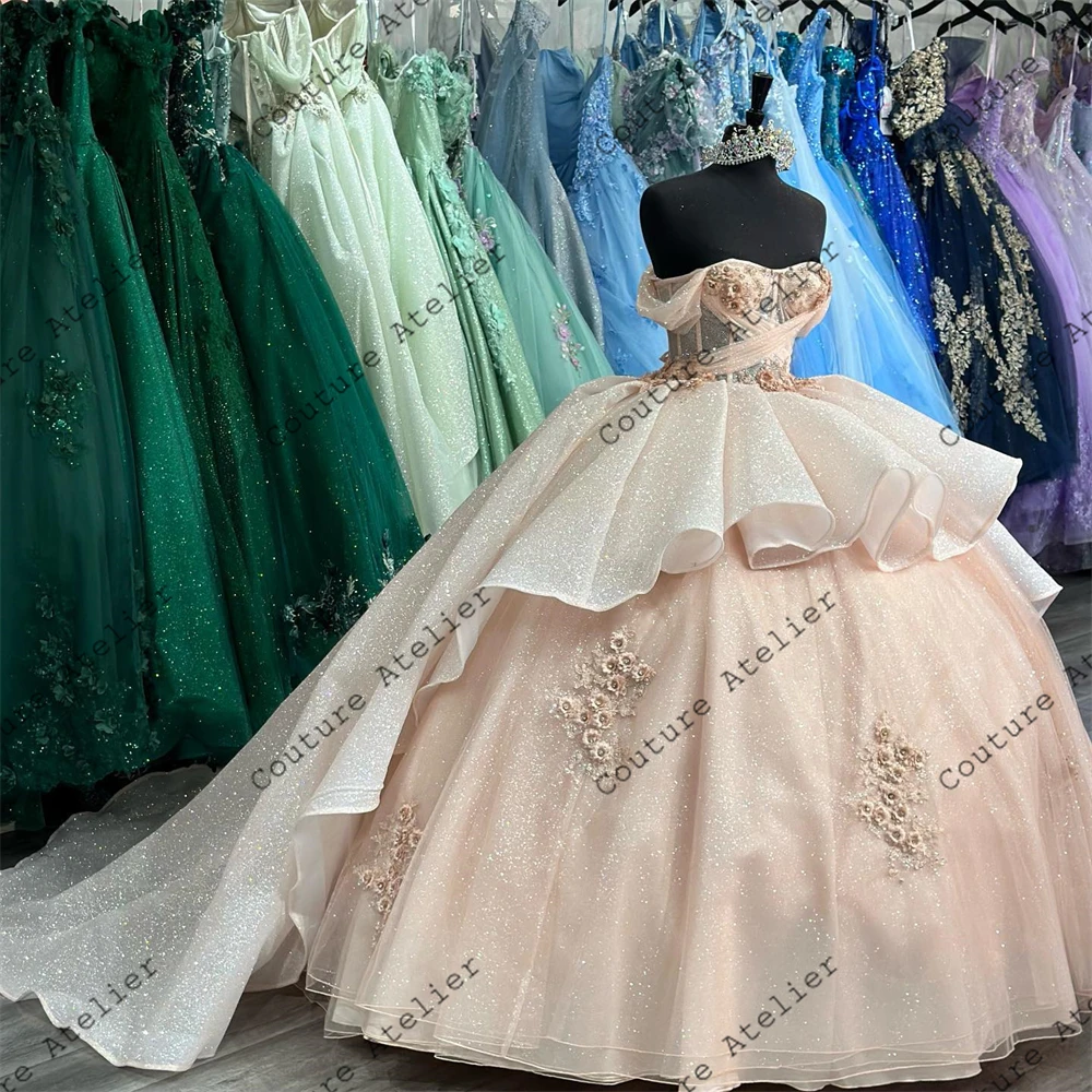 Błękitne Off The Shoulder aplikacje z koralików sukienki na Quinceanera koronkowa suknia balowa sukienka dla słodkiego 15 16. Sweetheart Vestidos