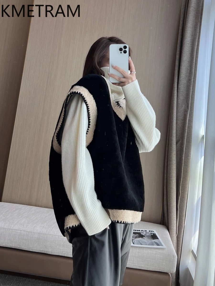 KMETRAM Real Merino Wool Sheepskin Fur Outerwears Black Vest Top Women Coats for Woman Winter 2025 nouveautés manteaux et vestes