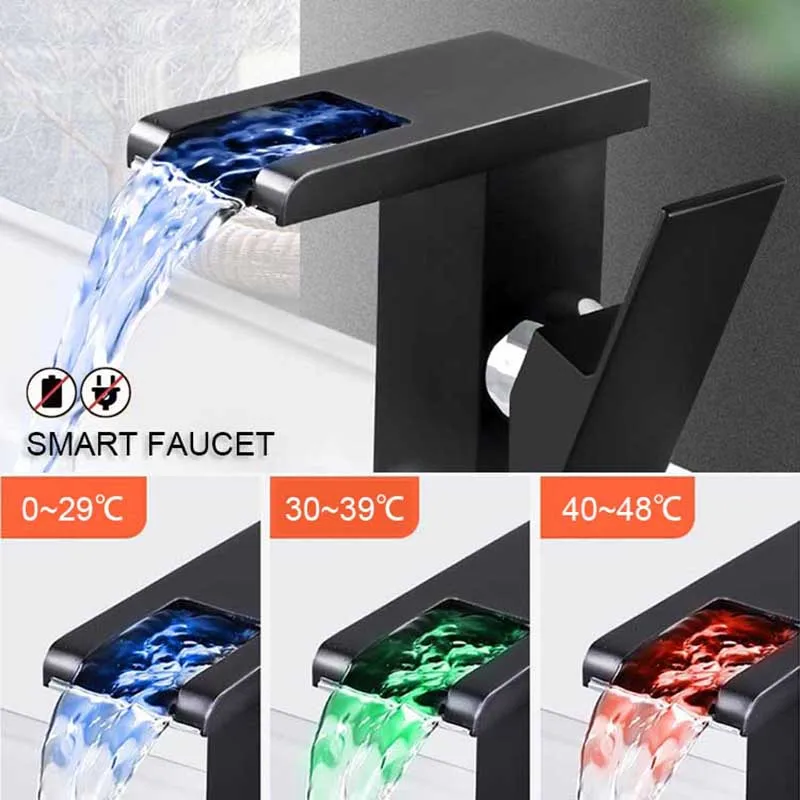 LED Waterfall Faucet Hot Cold Color Changing Smart Luminous Mixer Tap Bathroom Wash Basin Cabinet Faucet Square Desdign