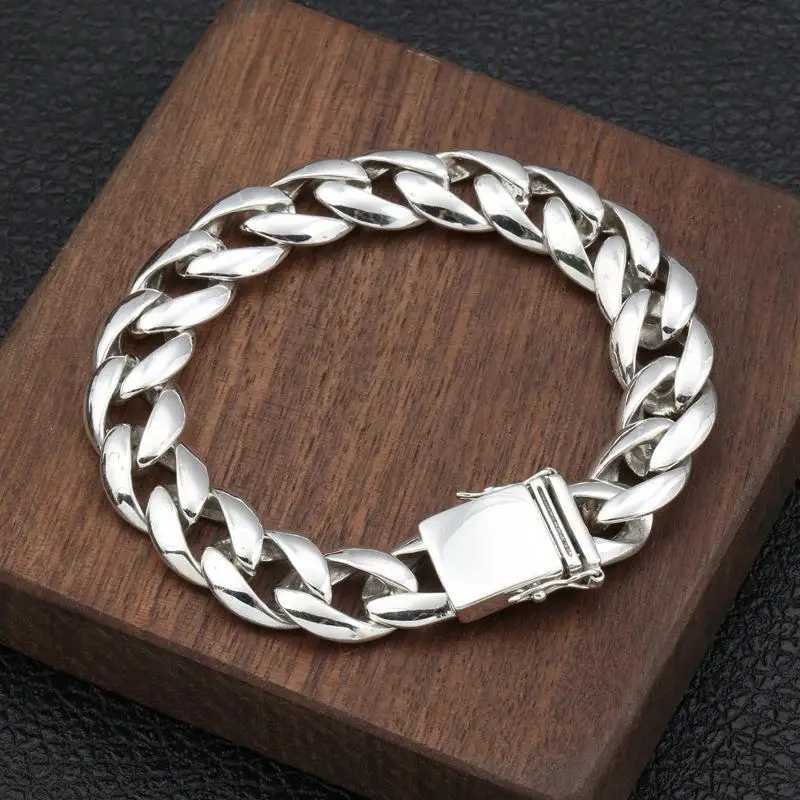 

s925 sterling silver fashion ornament Thai silver wrist personality thick type Korean style simple glossy men's bracelet fashion