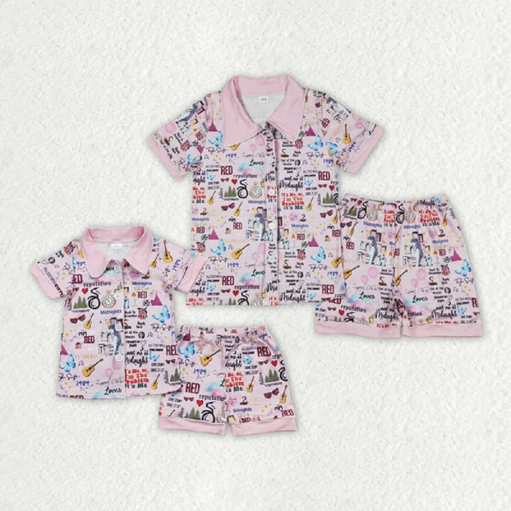 Mummy And Me Matching Adult Female Singer Pink Short-sleeved Shorts Pajamas Set Wholesale Boutique Children Women Clothes