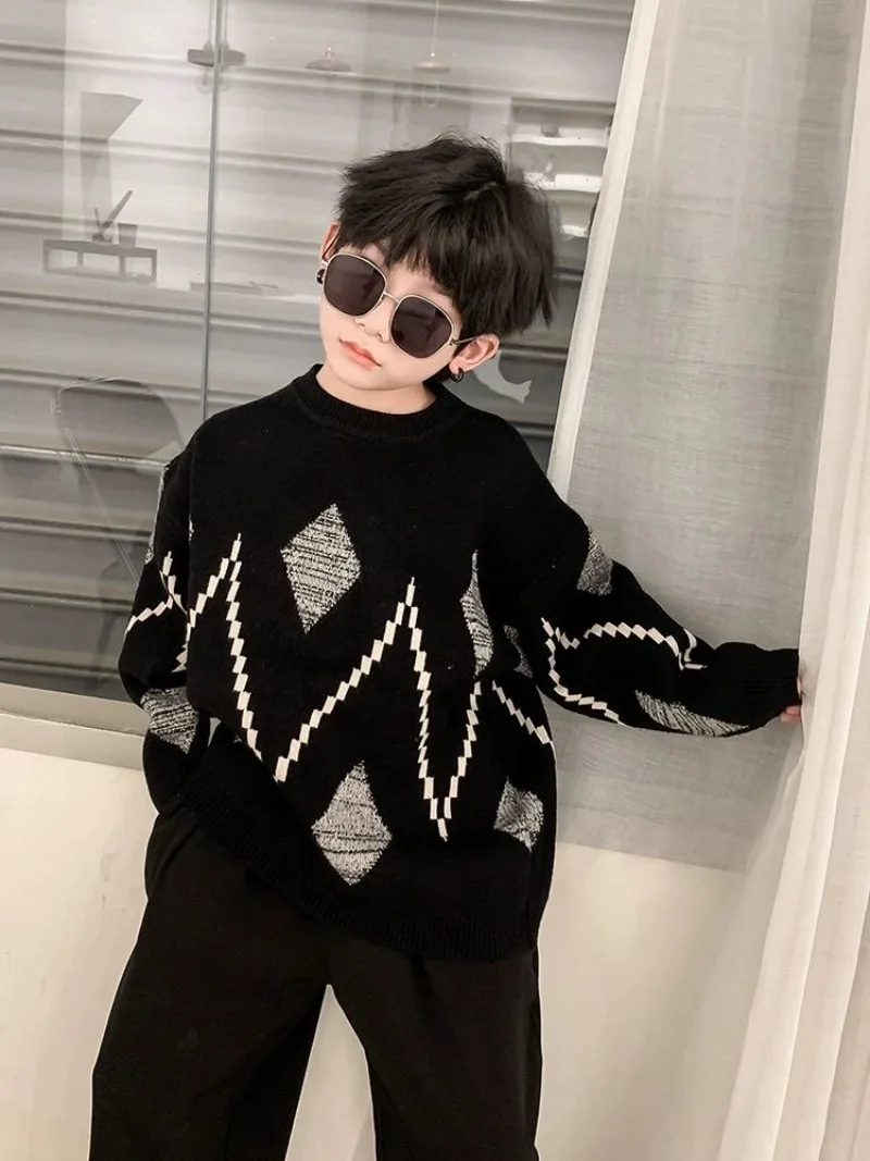 

2025 New Kids Argyle Knit Sweater Autumn/Winter Loose Fit Thickened Warm Fleece-Lined Boys' Sweater