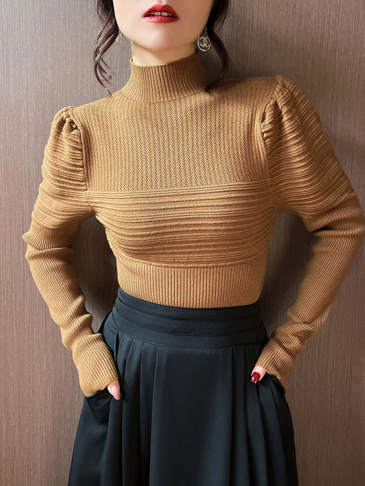 Elegant Solid Basic Knitted Tops Women Turtlneck Sweater Puff Sleeve Casual Slim Pullover Korean Fashion Simple Chic Clothes