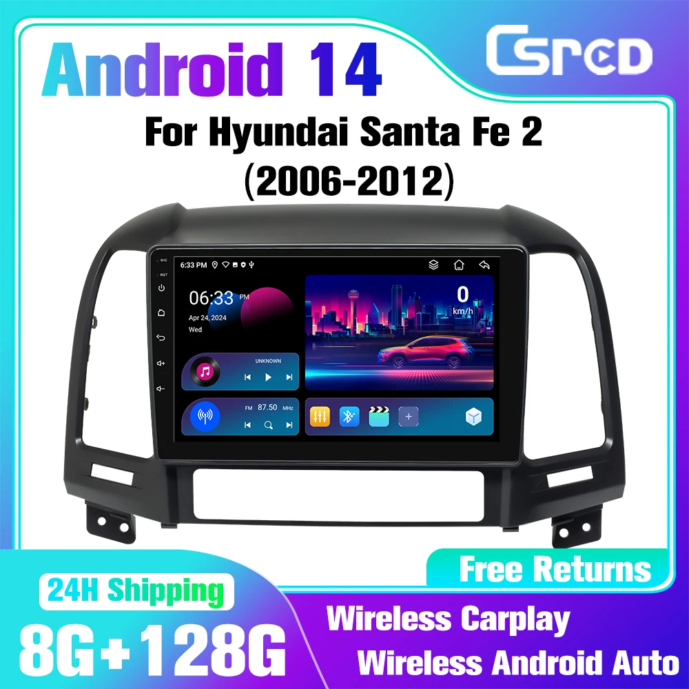 Csred  Android 14 Auto Radio For Hyundai Santa Fe 2 2006-2012 Car Multimedia GPS navigation 2din Wireless CarPlay Auto IPS