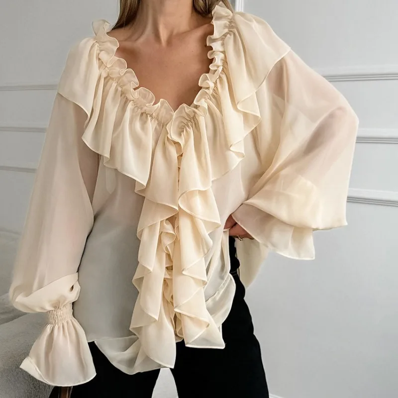 Talenza Ruffled V Neck Chiffon Shirt Tops Women\'s Elegant Casual Loose Long Sleeve Shirt Solid Color Slim Fit Shirt Tops Women