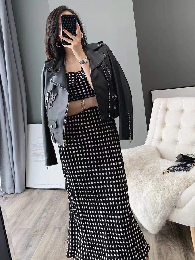 2024 Lente Nieuwe Hoge Kwaliteit Echt Schapenleer Jas Dames Slim Fit Zwarte Bikerjas Met Notch Kraag Korte Jas