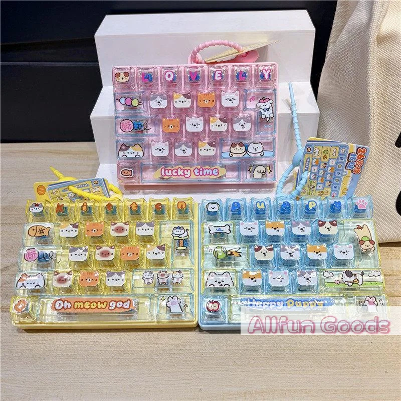 [TG835]26 Keys Cute Mini Keyboard Fidget Keychain, Transparent Cat Dog Patterns Stress Relief Toy Ornament Bag Hanging
