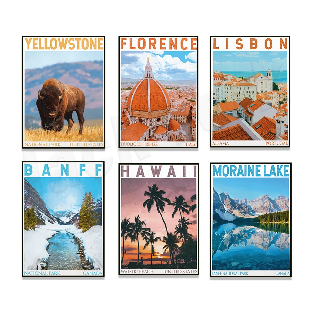 Hiroshima Japan, Canada, Naples, Yellowstone, Moraine Lake, Banff National Park, Hawaii, Boston, Lisbon, Florence Travel Poster