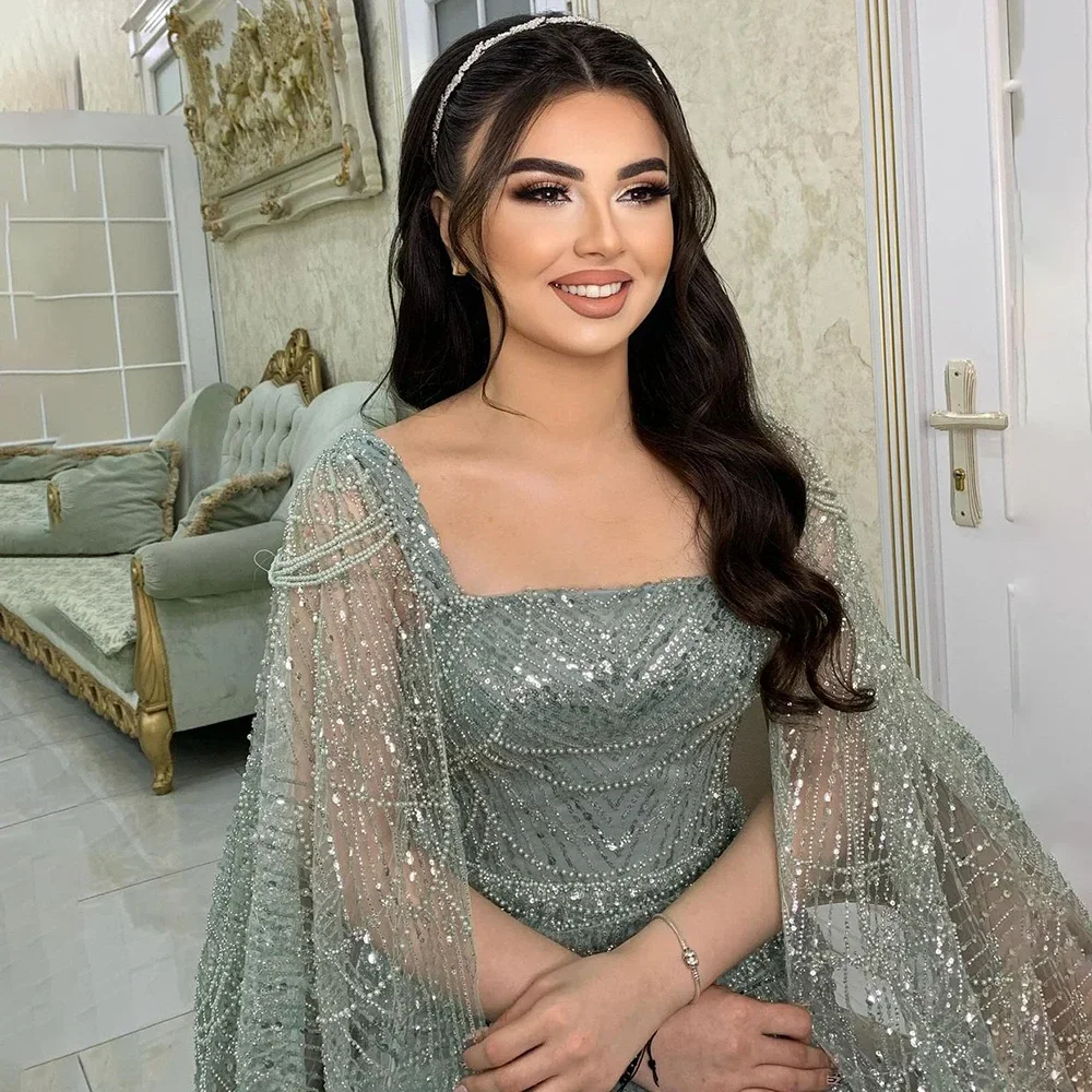 Árabe turquesa capa mangas pérolas frisadas e até o chão vestido de noite vestido de festa para mulher 2024 la72590 personalizado