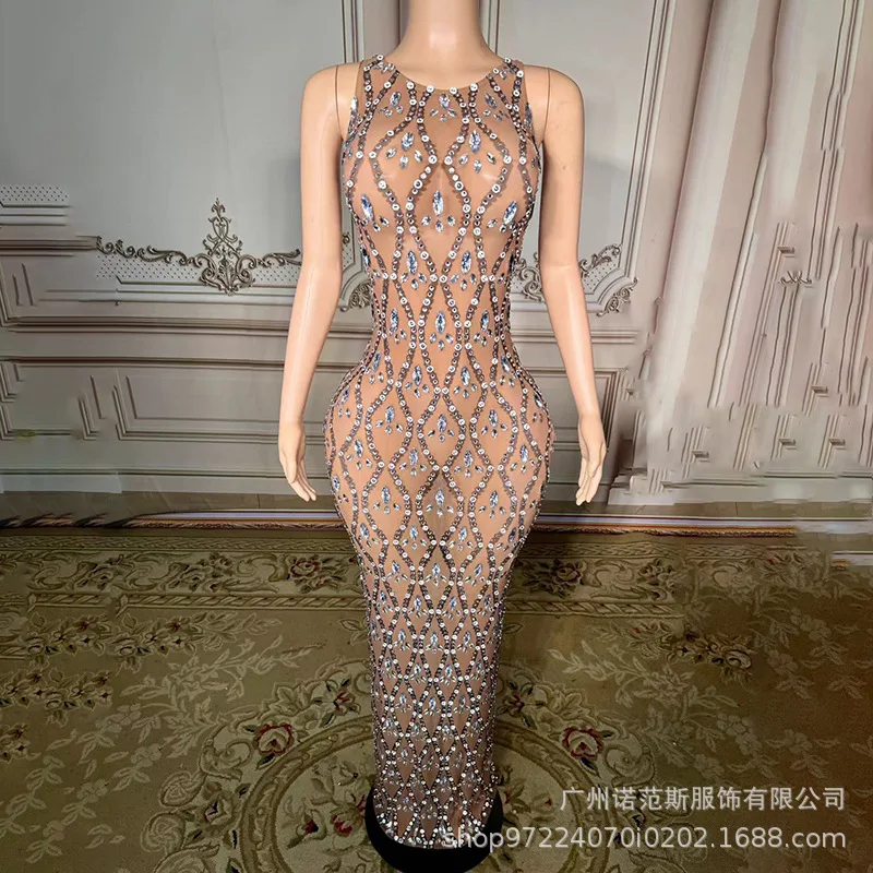 Tempérament dos nu Sexy brillant strass robe femmes soirée spectacle Bar hôte Livehouse porter Hochzeitskleid Chic robes à paillettes