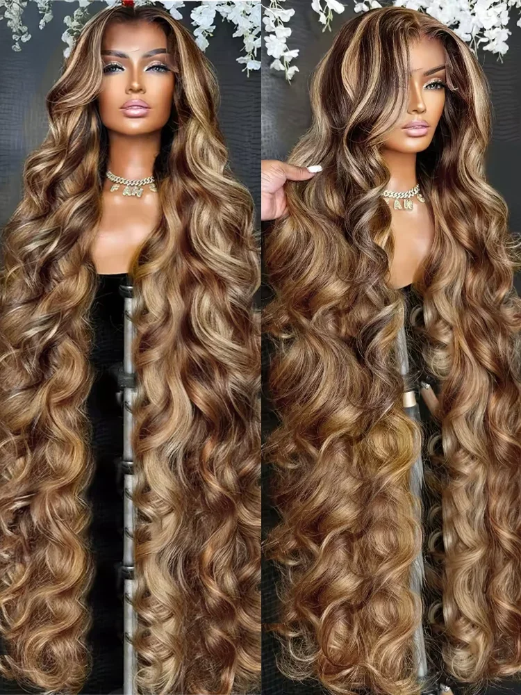 30 40 50 Inch Body Wave 13x6 Highlight Ombre Lace Frontal Wigs HD 13x4 250 Density 427 Lace Front Human Hair Wig Brown Brazilian