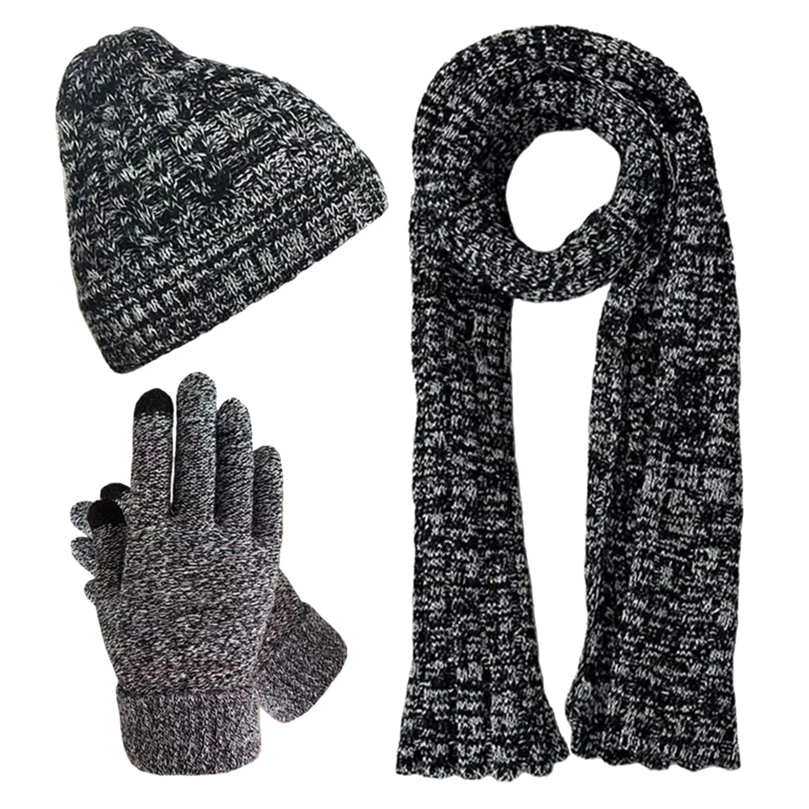 Ensemble écharpe et gants noirs unisexes pour hommes et femmes, bonnet en peluche, écran tactile, extérieur, plus chaud, hiver, 3 pièces