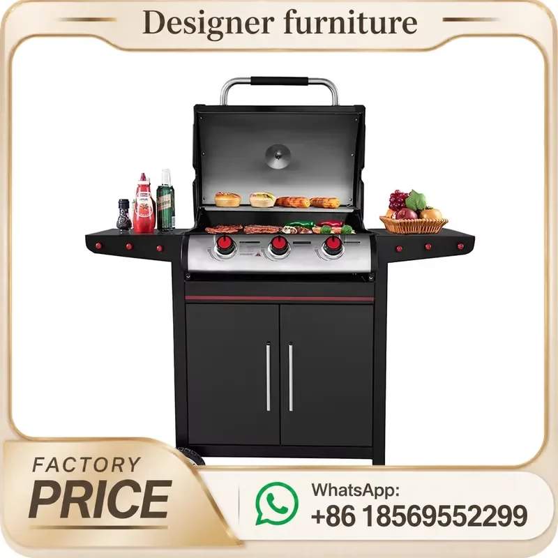 Gas Bbq Grill Black Powder Coated Trolley Smokeless Outdoor Garden Barbecue Grill Portable Cooking
