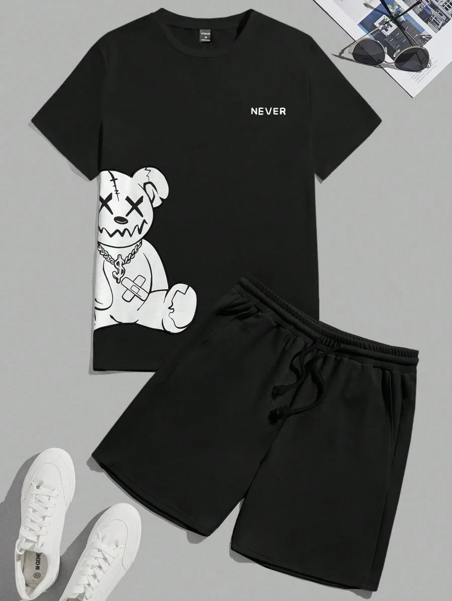 Men's sports suit, fashionable letter teddy bear printed short sleeved T-shirt, summer casual color blocked top, men's loose dra