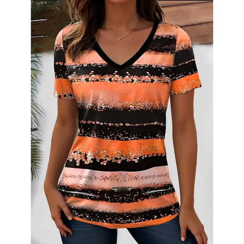 Stylish women's V-neck short-sleeve T-shirt; featuring a loose fit and breathable comfort, it is an ideal choice for summer.