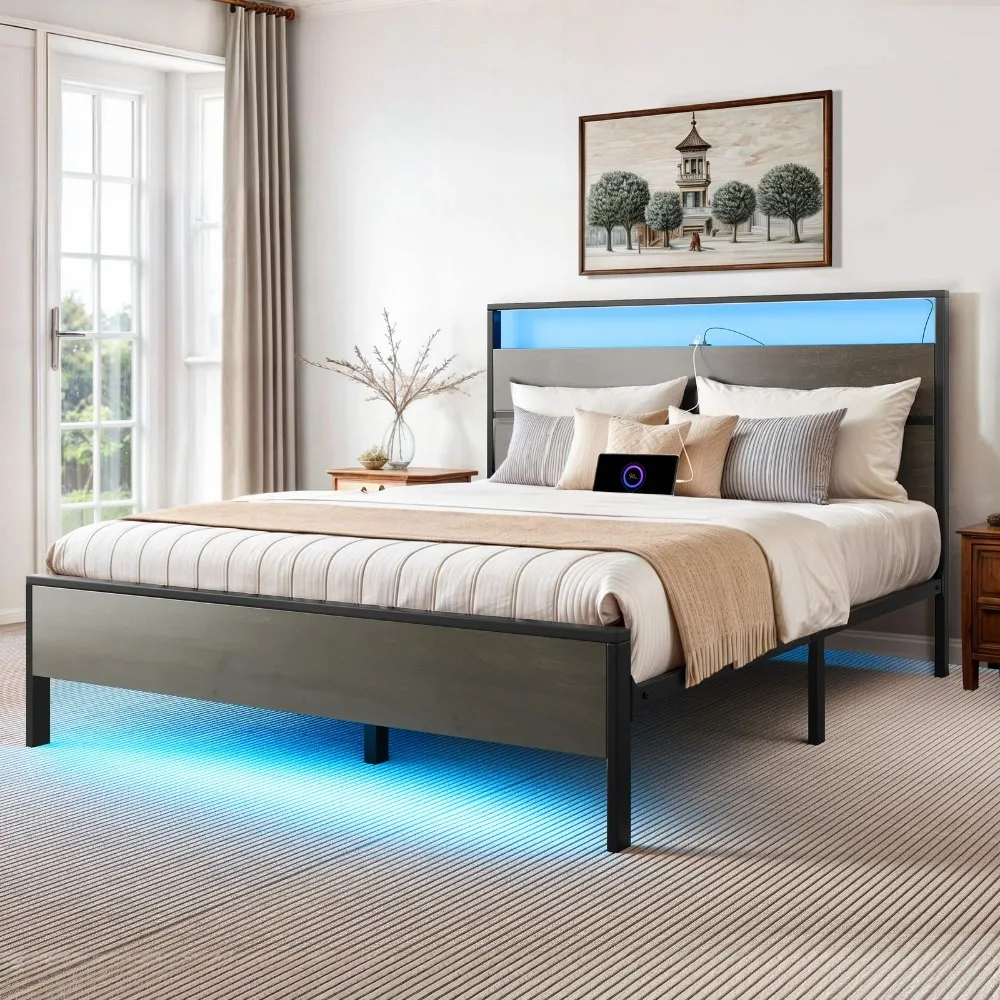 

Queen Size Metal Platform Bed Frame w/ Headboard Shelves