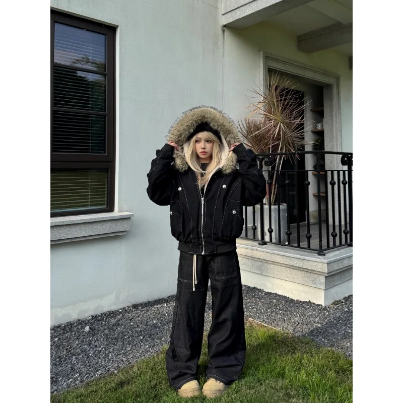 Y2k Street-cárdigan cálido Vintage para mujer, Sudadera con capucha holgada, moda de otoño e invierno, cuello de piel, sombrero, Sudadera con capucha, sudadera con cremallera de calle