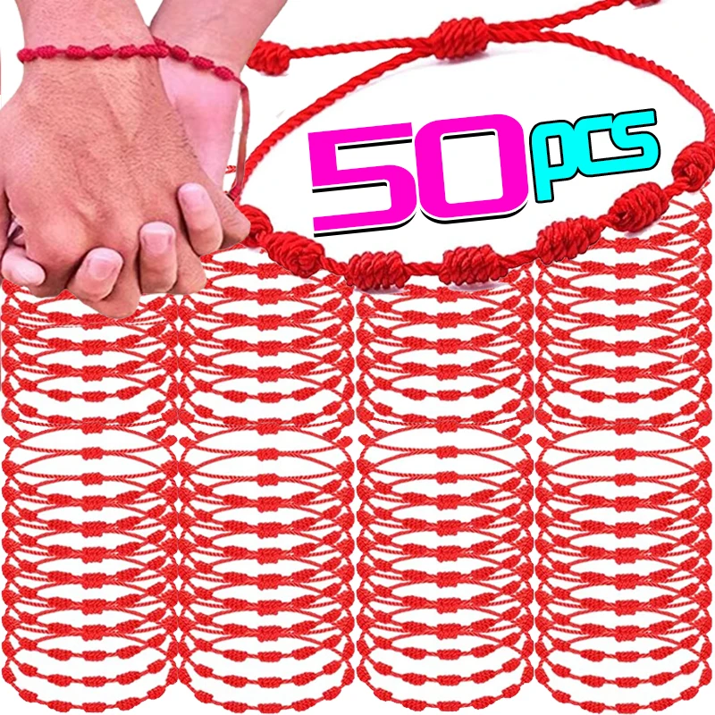 

50pcs Handmade 7 Knots Red String Bracelet for Lover Protection Lucky Amulet and Friendship Braid Rope Wristband Jewelry Gift