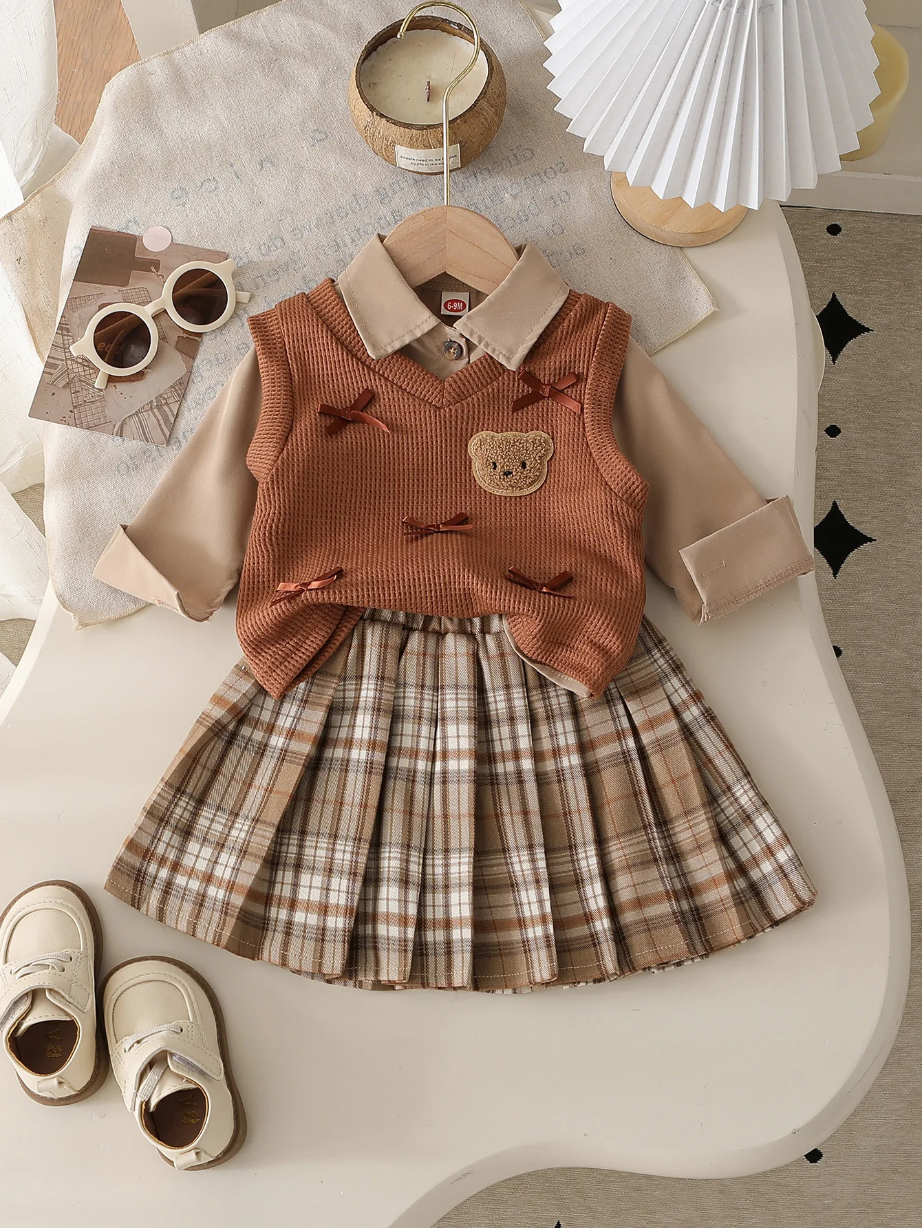 6 9 12 18 24 36 Months Baby Girls Clothing Sets Cute Style Knit Vest + Shirt + Plaid Pleated Skirt 3pcs Baby Suits Kids Clothes