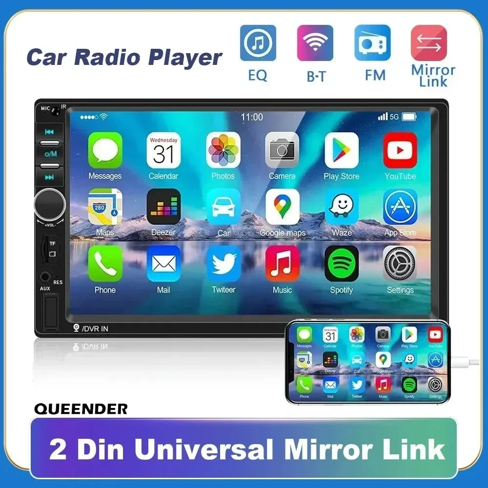 

QueenDer 7-дюймовый автомобильный MP5-плеер — стерео сенсорный экран BT, 2DIN FM/Aux, зеркальная связь и резервная камера
