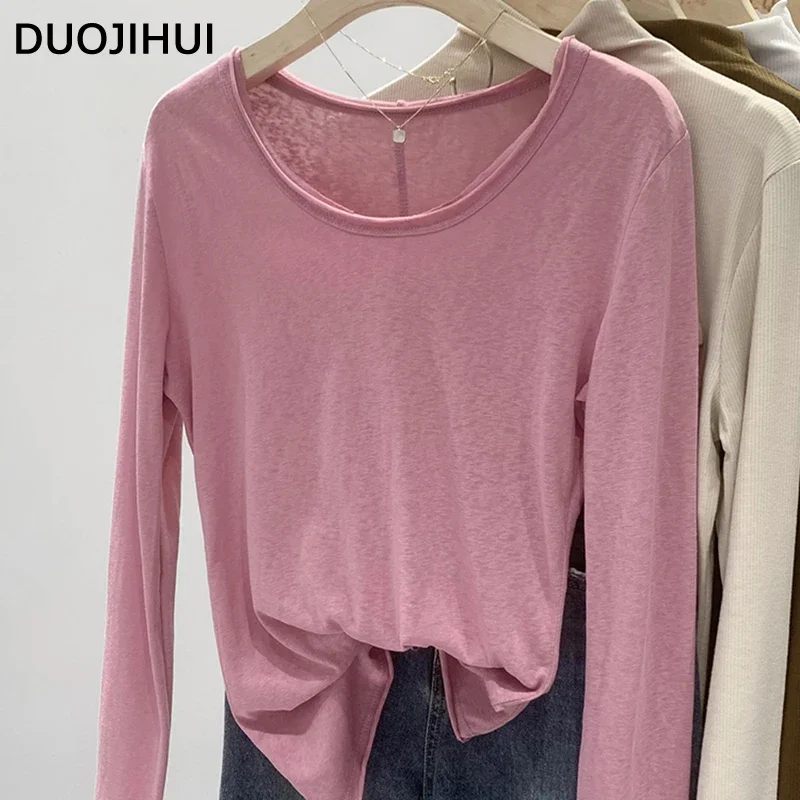 

DUOJIHUI Pink Soft Slim Sweet Long Sleeves Female T-shirts Autumn Solid Color Basic O-neck Simple Casual Fashion Women T-shirts