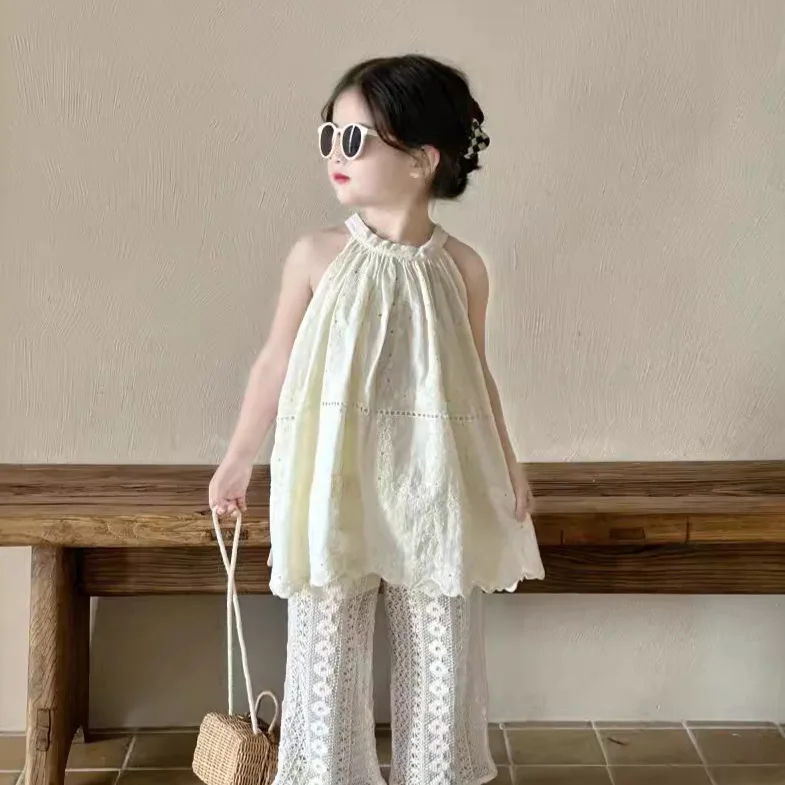 

Girls Set 2024 Summer New Solid Color Lace Apricot Skirt Top and Lace Pants Sweet and Cute Two Piece Set
