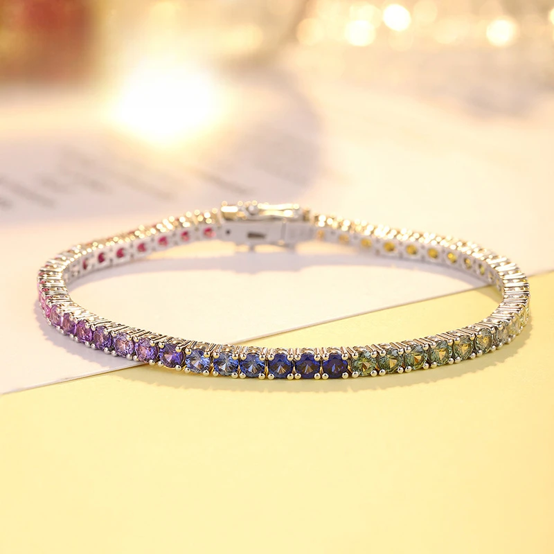 Fashion Tennis Bracelet Lab Grown Gemstones Rainbow Color Round Cut Synthetic Corundum Silver Bracelet For Christmas Party Gift