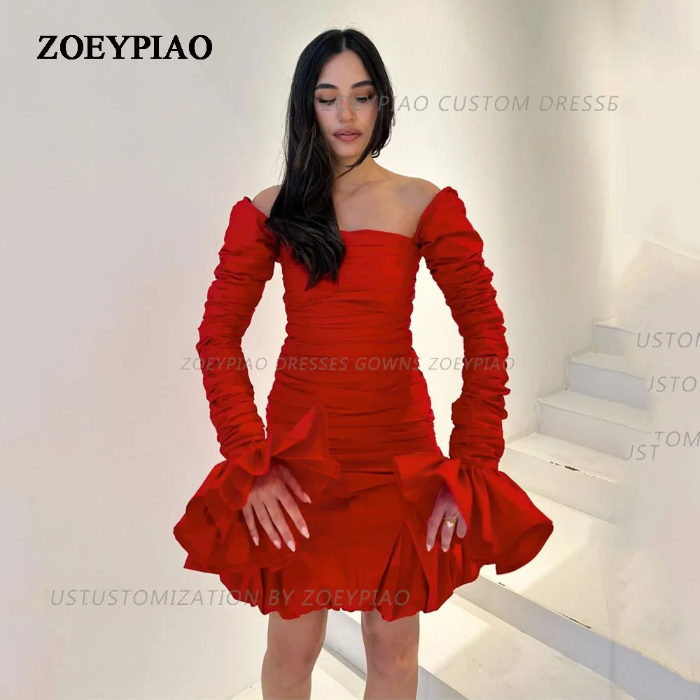 Princess Elegant Red Short Stain Prom Gowns Strapless Full Sleeves Mini Length Simple Custom A-Line Club Formal Evening Dress