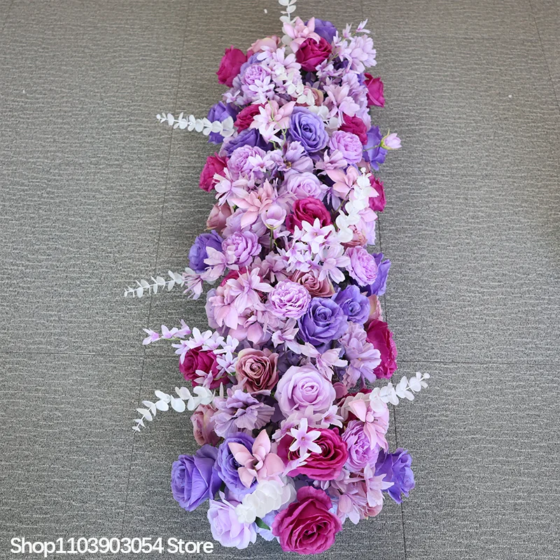 Rosa-weiße Rosen-Grün-Verzierung, langer Sofatischläufer, luxuriöser Hochzeitsbogen, Blumenreihe, Gangbühnen-Hintergrund, Event-Party-Dekoration – Detail 7