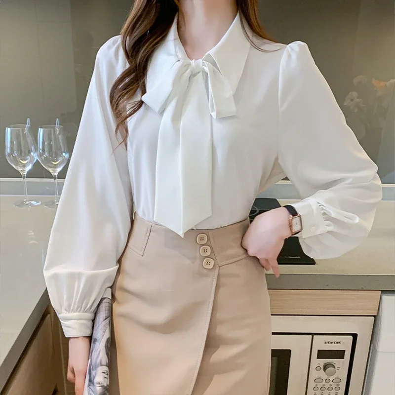 Elegant Office Chiffon Shirts Women 2024 Autumn Winter Long Sleeve Blusas Mujer Korean Style Clothing White Work Tops Blouses