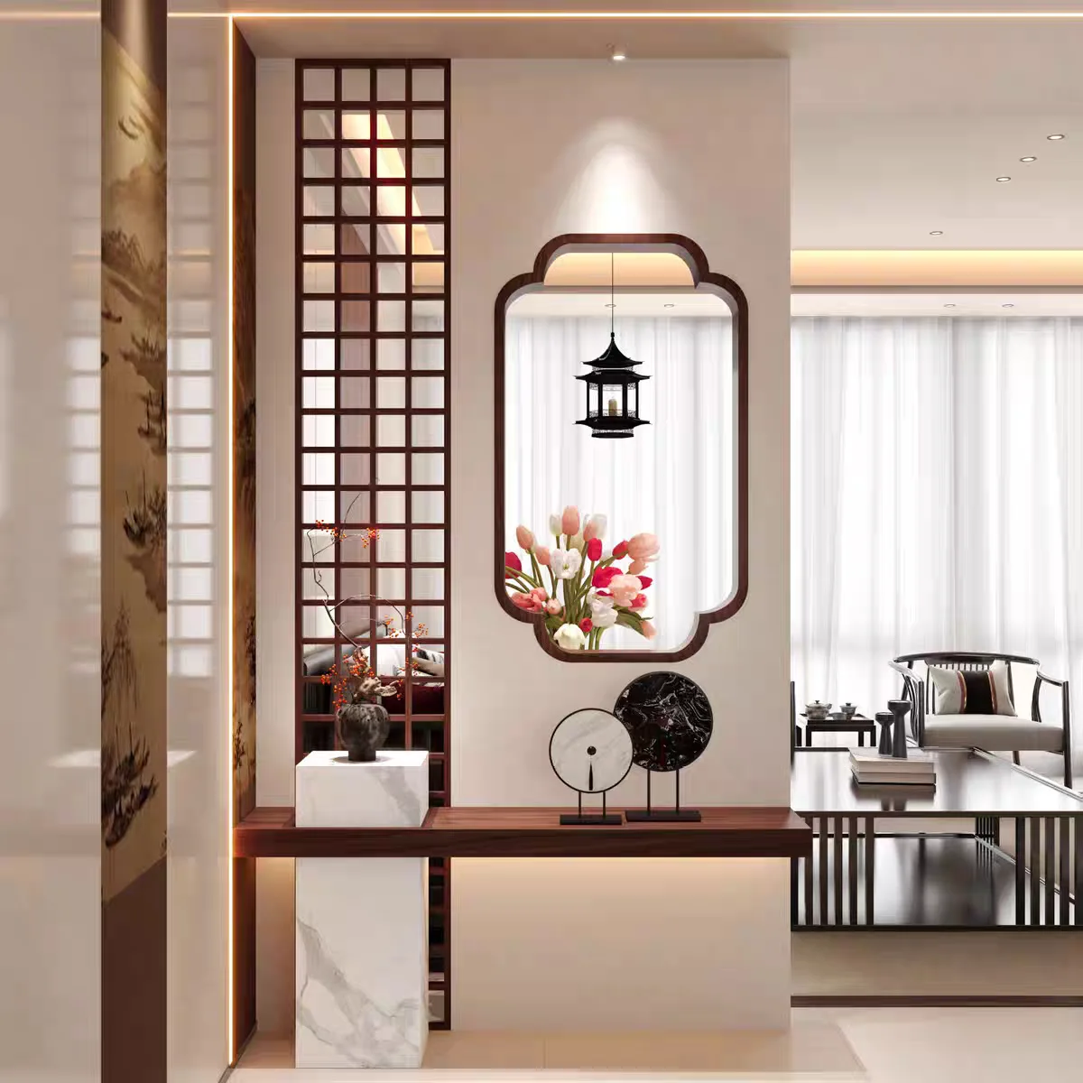 

New Chinese screen plum blossom window aesthetic tea room decoration solid wood partition living room office entrance flower