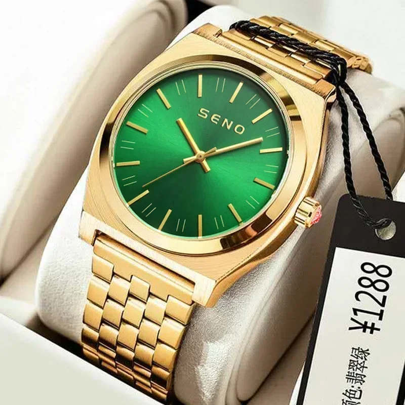 NEWSteel Band Gold Watch Green Dial Men's and Women's Watch Ultra Thin Green Ghost Waterproof Business Men's Watch