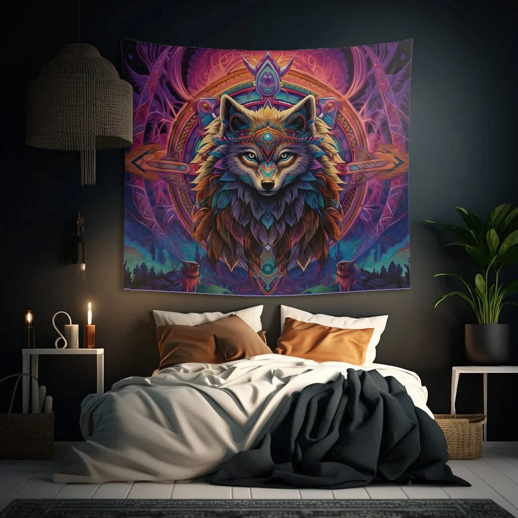 VIKAMA Psychedelic Tribe Wolf Totem Tapestry Bohemian Background Cloth Zen Healing Living Room Decoration Room Decoration