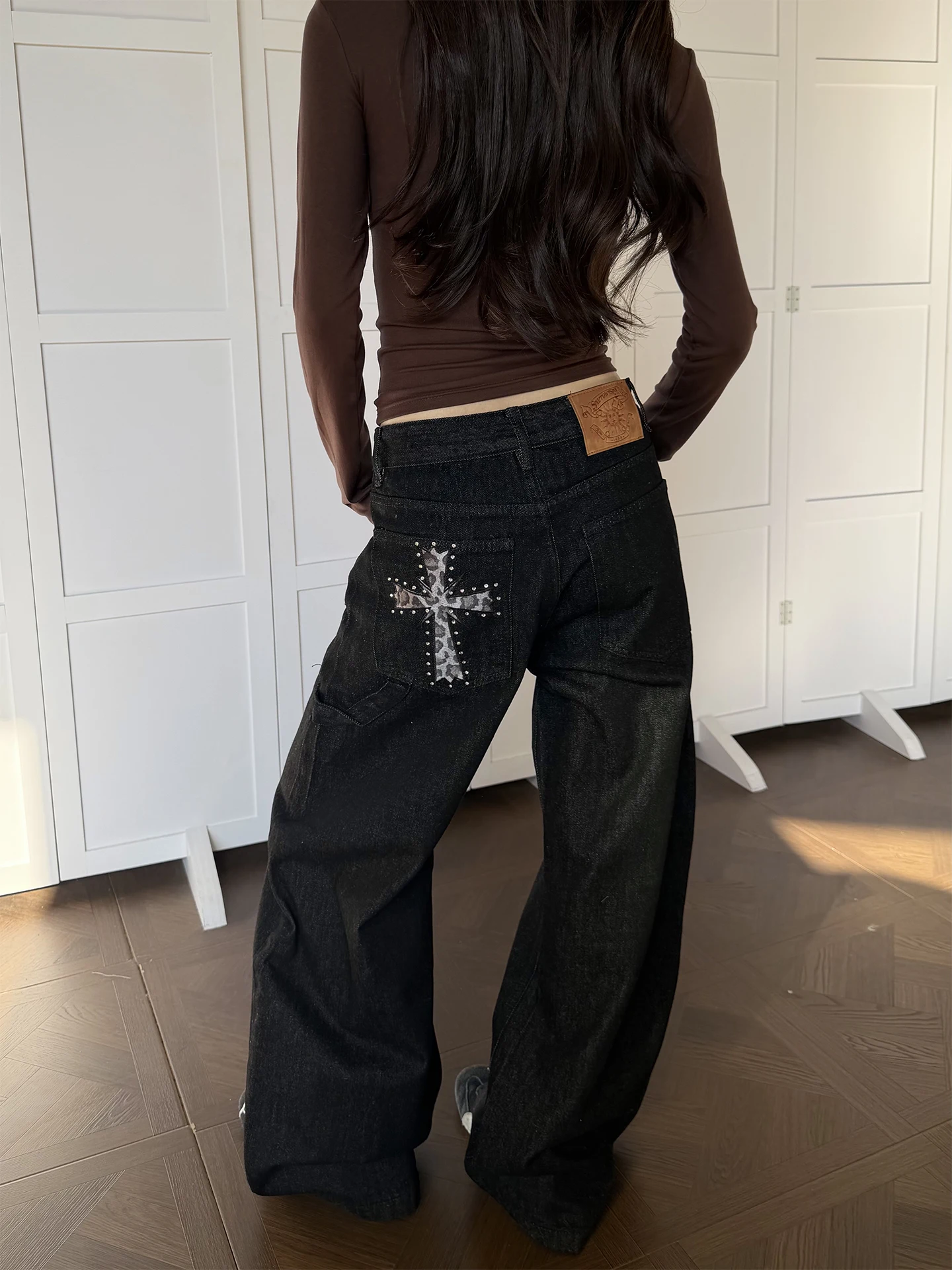 

Don Cry Original Color Denim Jeans Leopard Print Patchwork Cross Diamond ex American Casual Loose Wide Leg Straight Leg P...