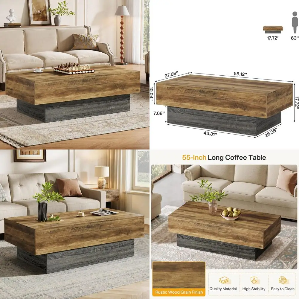 

Large 55-Inch Rustic Brown & Grey Farmhouse Coffee Table for Living Room, Office Reception, and Tea Area