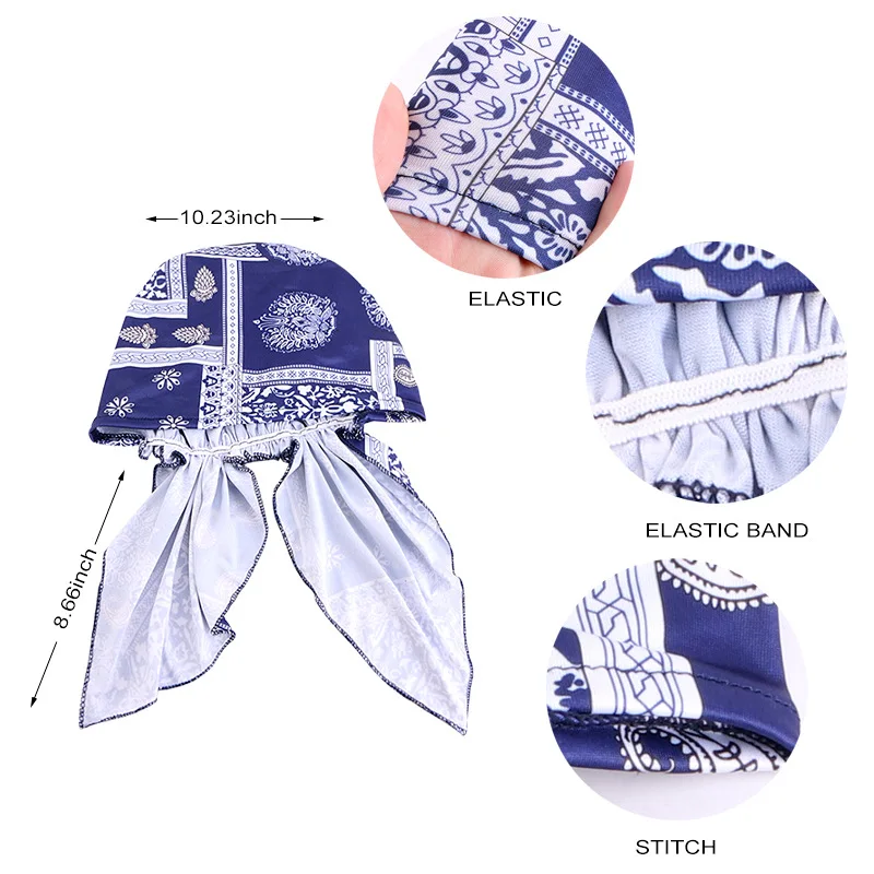 Women Muslim Printed Turban Pre-Tied Hat Long Tail Bonnet Chemo Cap Hair Loss Head Scarf Wrap Beanies
