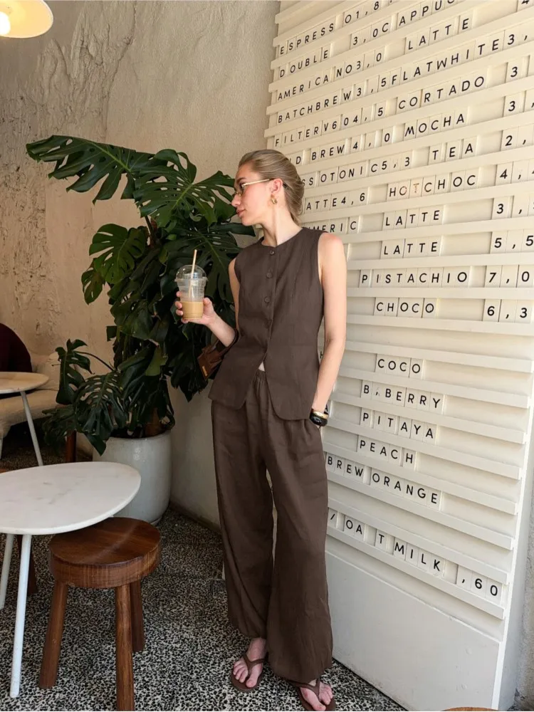 

2026 Spring/summer New Suit Vest Long Pants Set Temperament Commuting Vest Wide Leg Pants Two-piece Set Casual Cotton 2-Pcs Sets