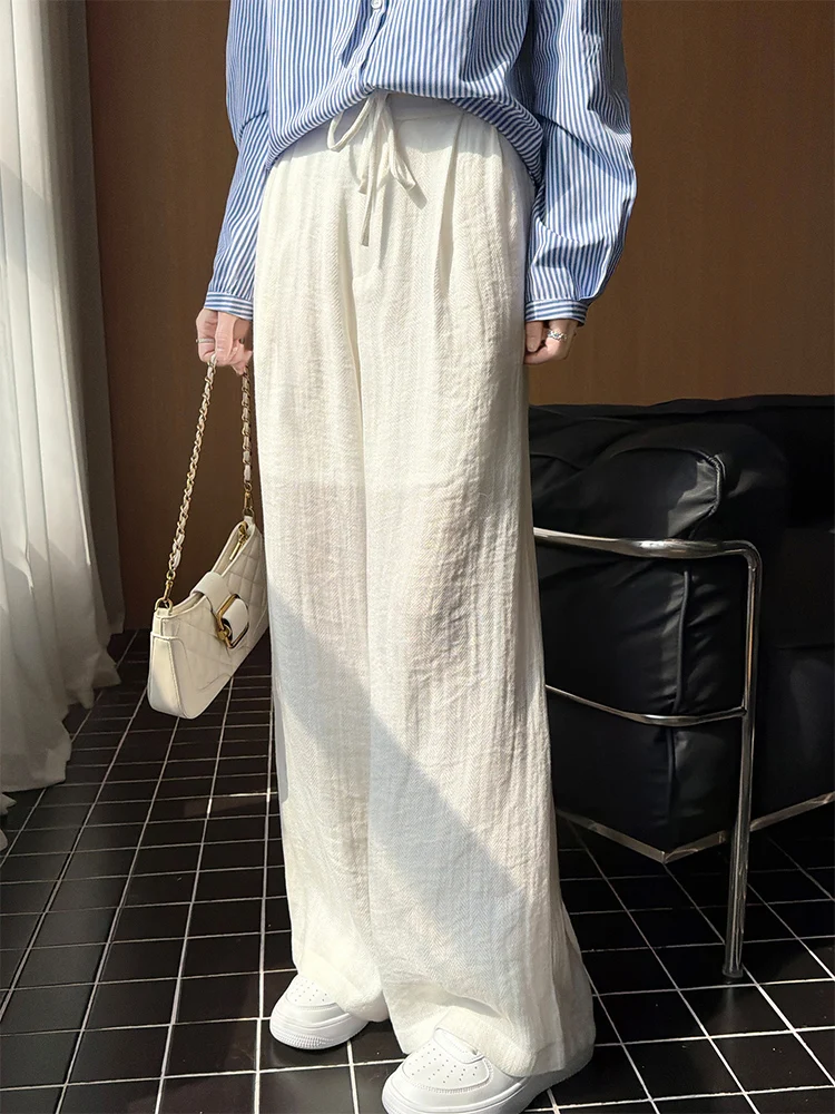 

Women’s High Quality Linen-cotton Straight-leg Pants Spring Summer Daily Casual High Waist Drawstring Wide Leg Solid Trouser