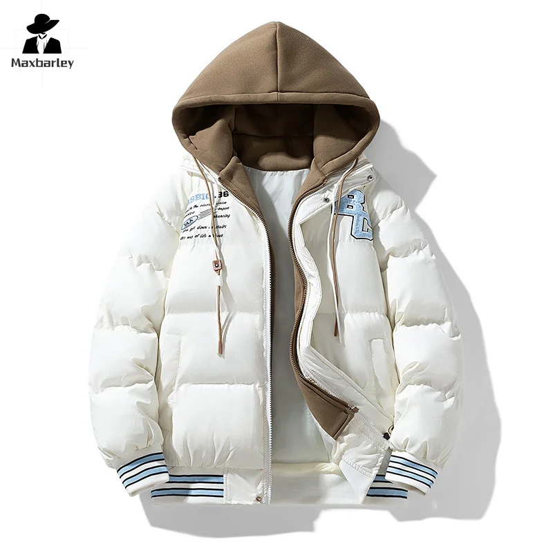 Chaqueta acolchada de invierno para hombre, Parka cálida a prueba de viento con capucha falsa de dos piezas Harajuku Street, abrigo grueso de nieve holgado informal para hombre 2024