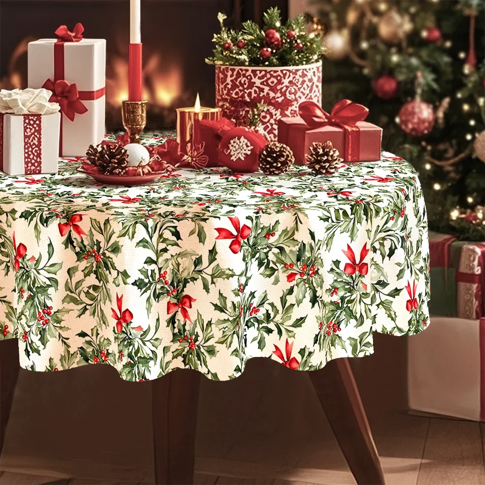 Single pack, Christmas theme, romantic floral tablecloth, white decoration, holly leaves and red bow patternxzj