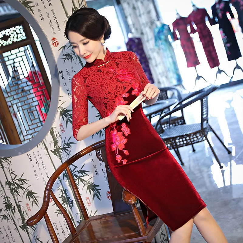 Yourqipao Autumn Gold Velvet Cheongsam Daily Banquet Mid-length Embroidered Plus Size Qipao Dress