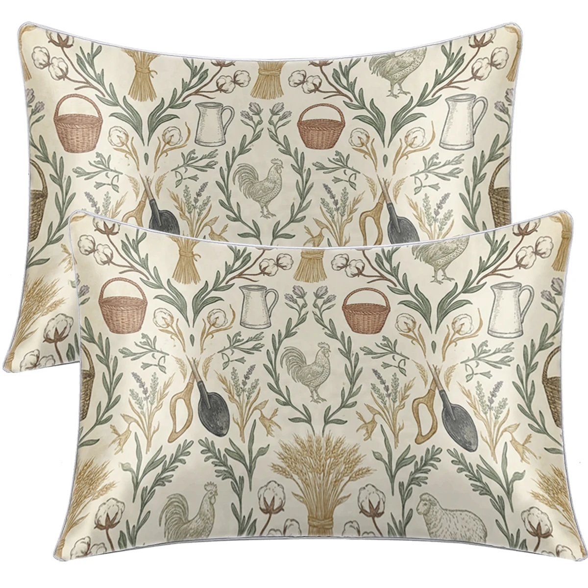 2PCS Vintage Farm Rooster Sheep Wheat Cotton Floral Print Satin Pillowcase Soft Silk Pillow Cover Envelope Closure Bedroom Decor