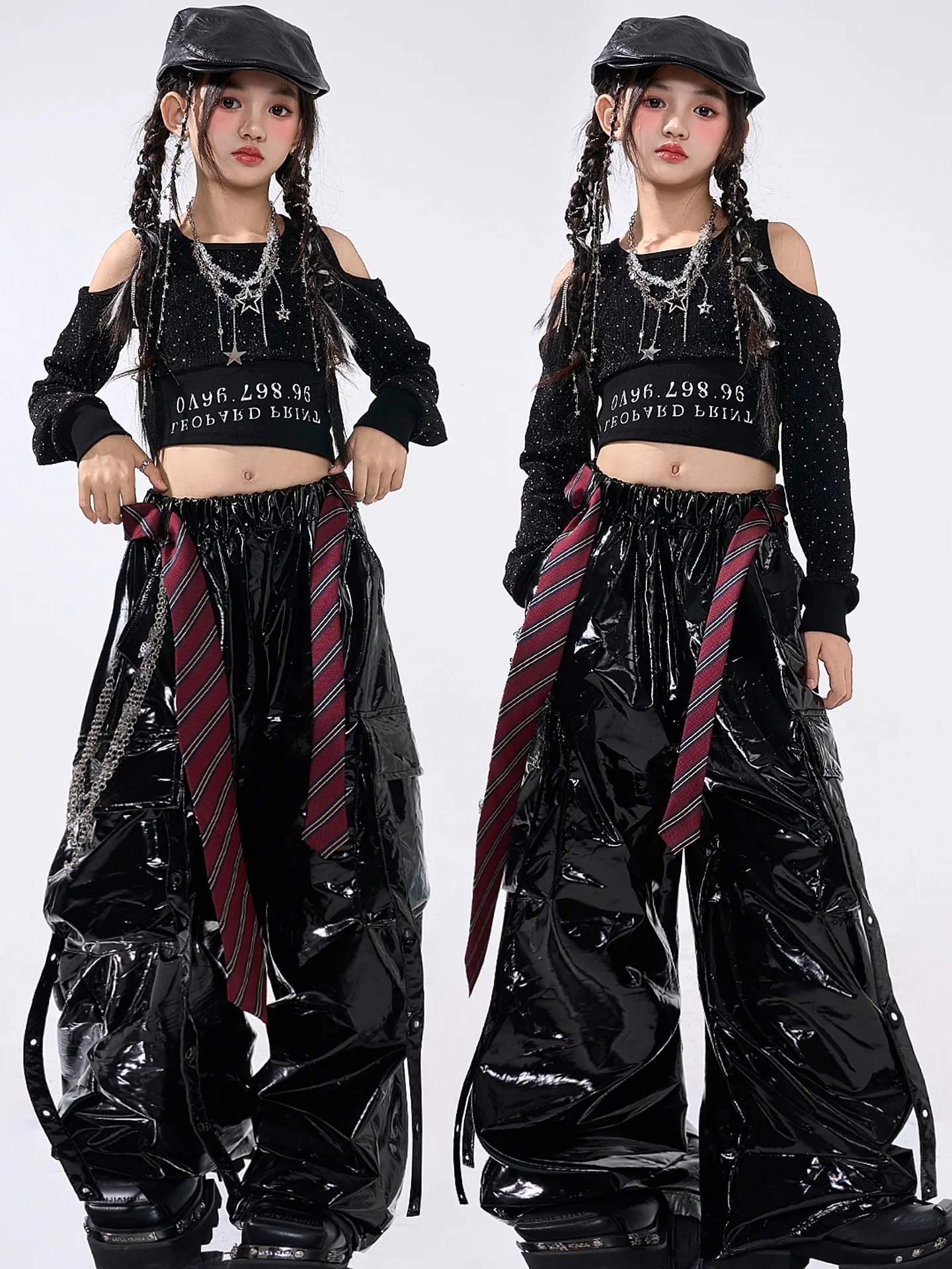 재즈 댄스 의상 소녀용 블랙 스팽글 탑 가죽 바지 케이팝 힙합 공연 의상 캣워크 무대 의상