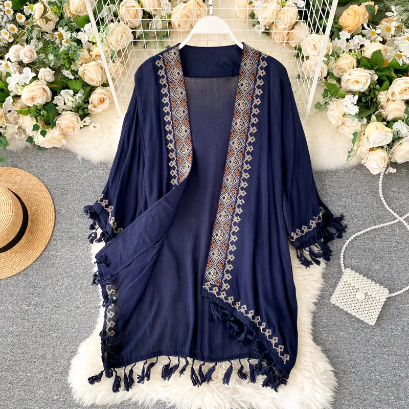 Women Sweet Embroidery Long Sleeve Cardigan Vintage Elegant Korean Fashion tassels Loose Sweater Coat Ins