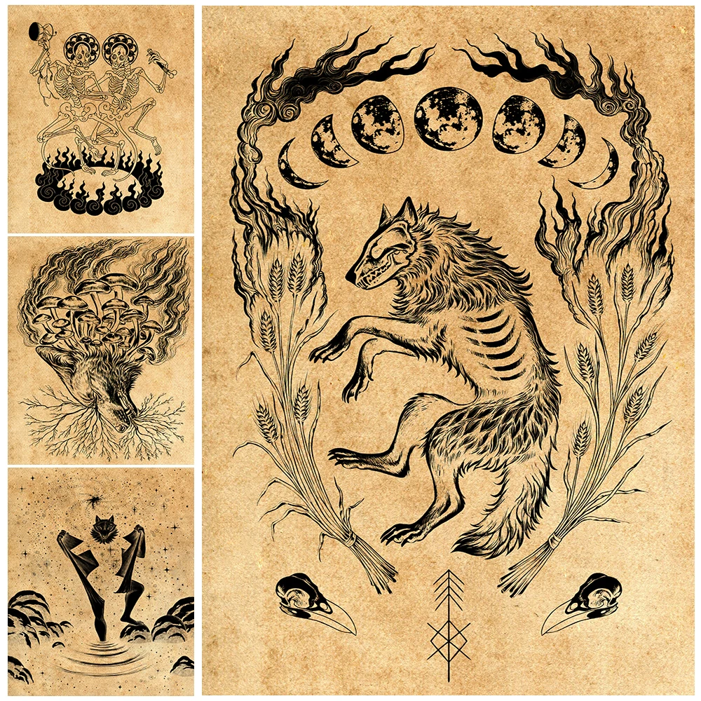

Devil Dance And Moon Wicca Vintage Wall Art Canvas Painting Starry Bat And Mushroom Evil Wolf Poster Prints Home Decor Unframed