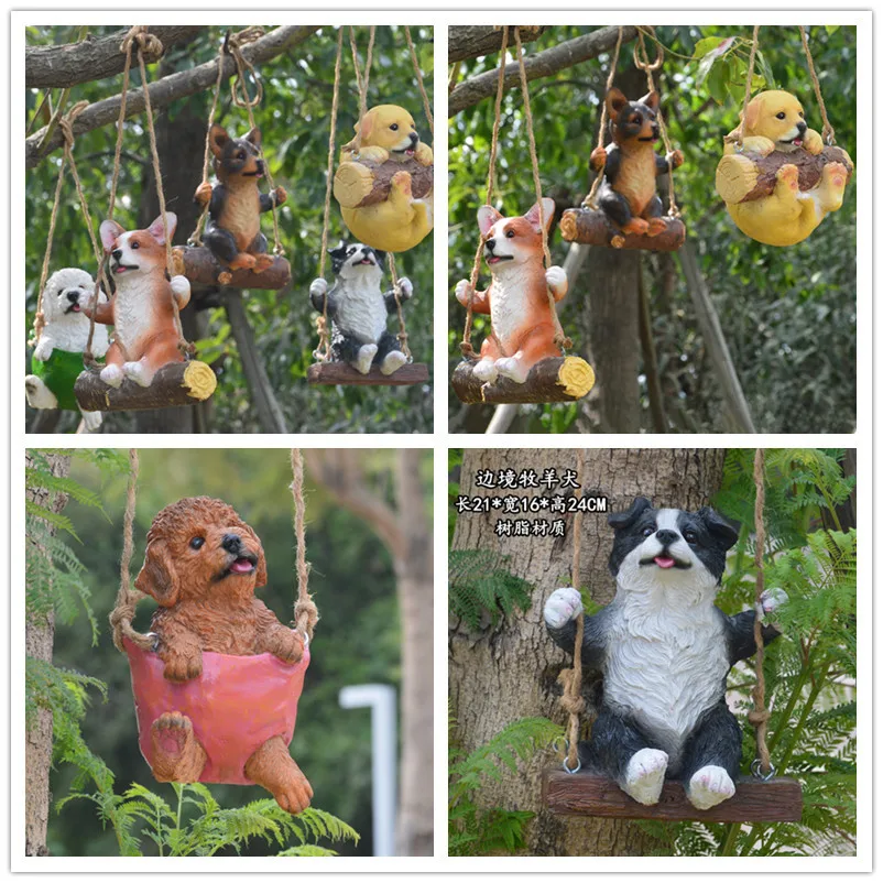 

Simulation Border Collie Teddy Labrador Corgi Swing Dogs Resin Decoration Homestay Villa Garden Tree Sculpture Accessories Funny