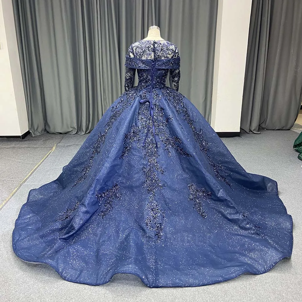 Blue Quinceanera Dresses For Years Court Train Illusion Long Sleeves Wedding Guest Dress Vestidos De 15 Anos Customised