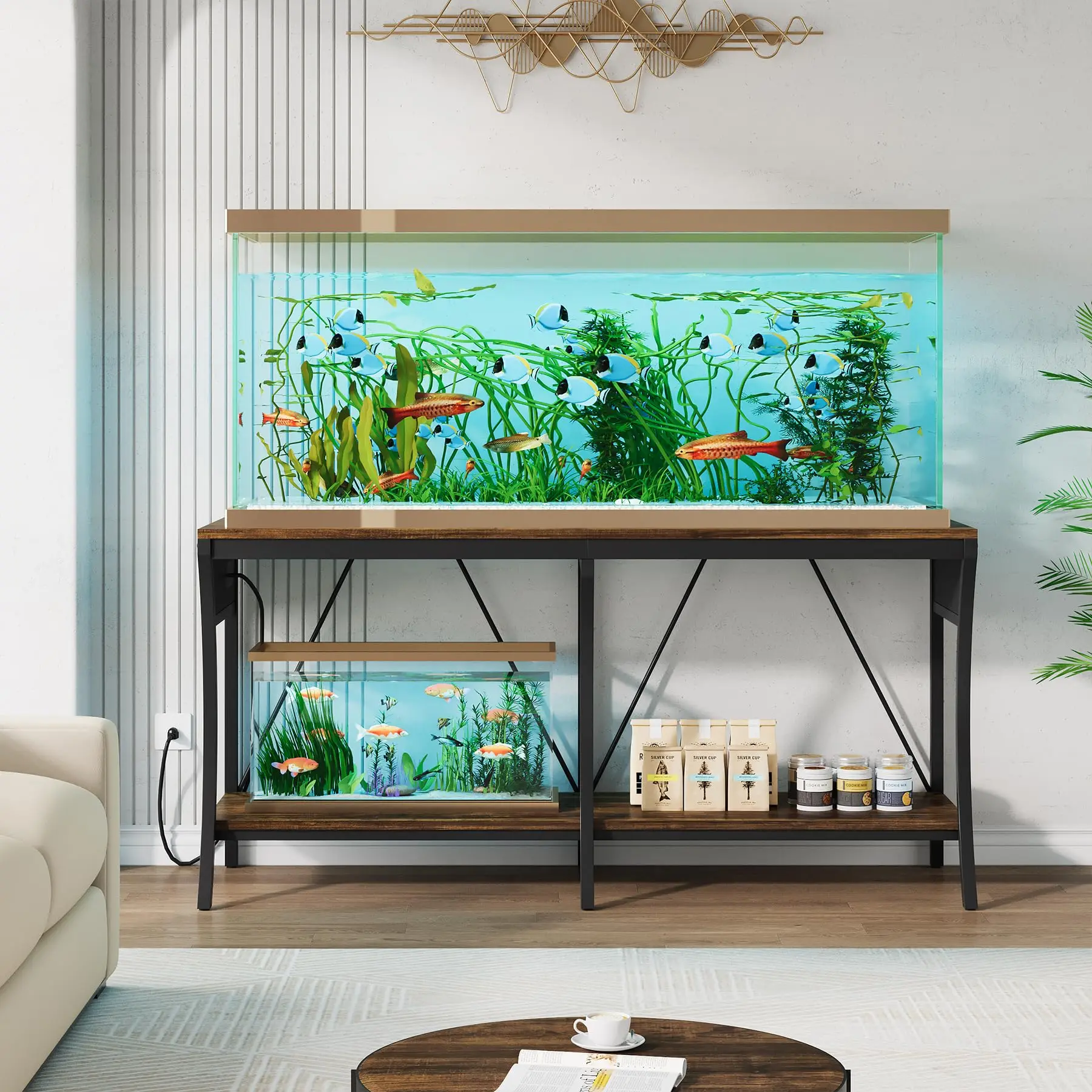 55-90 Gallon Fish Tank Stand with Power Outlets & LED Light Strip