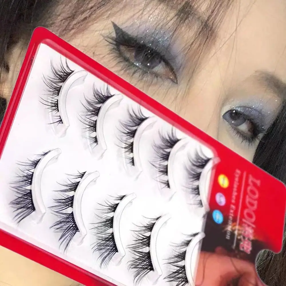 

5 Pairs Soft Natural Messy Winged 3D Mink Transparent Stem Cat Eye Fox Lashes False Eyelashes